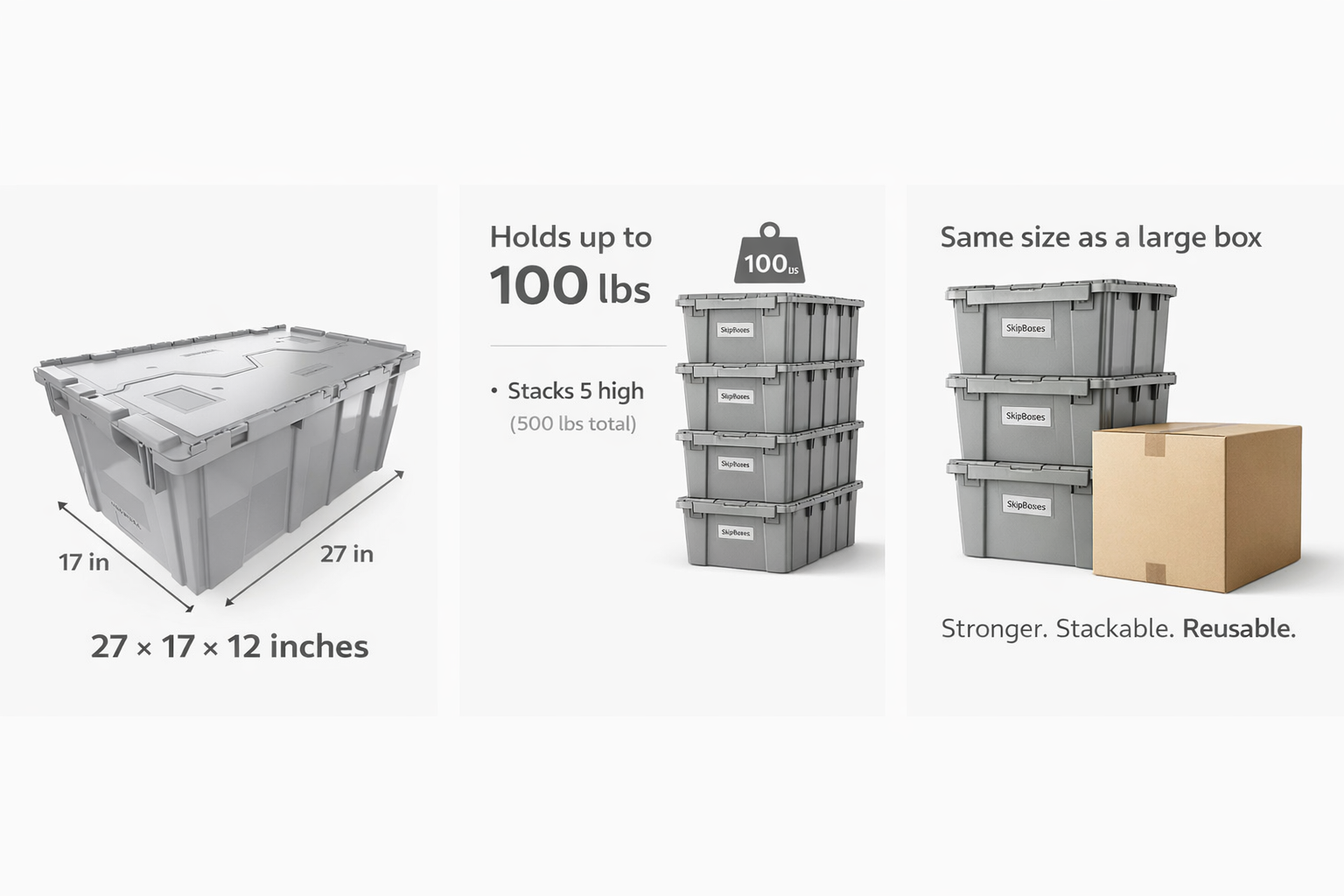 SkipBoxes tote bin dimensions: 27 inches long, 17 inches wide, 12 inches tall