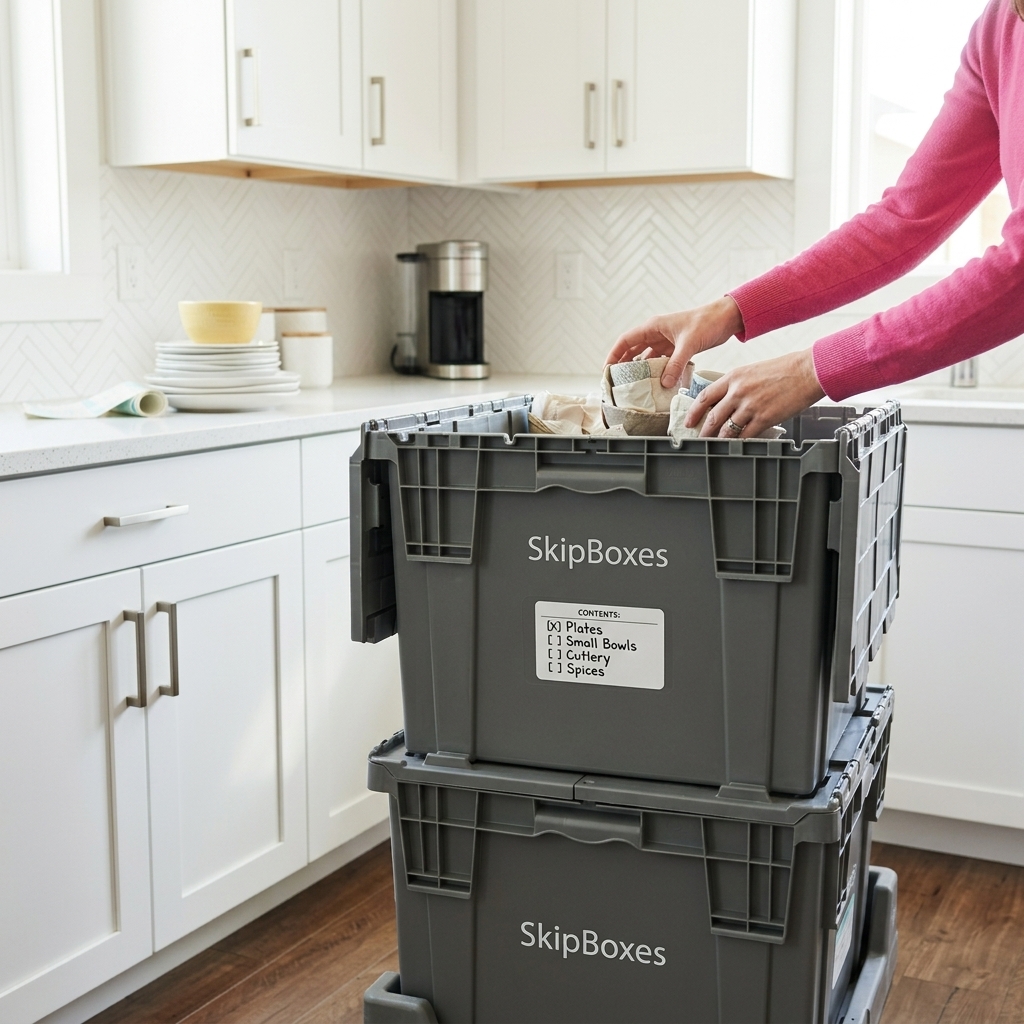 Person packing kitchen items into SkipBoxes reusable moving bins